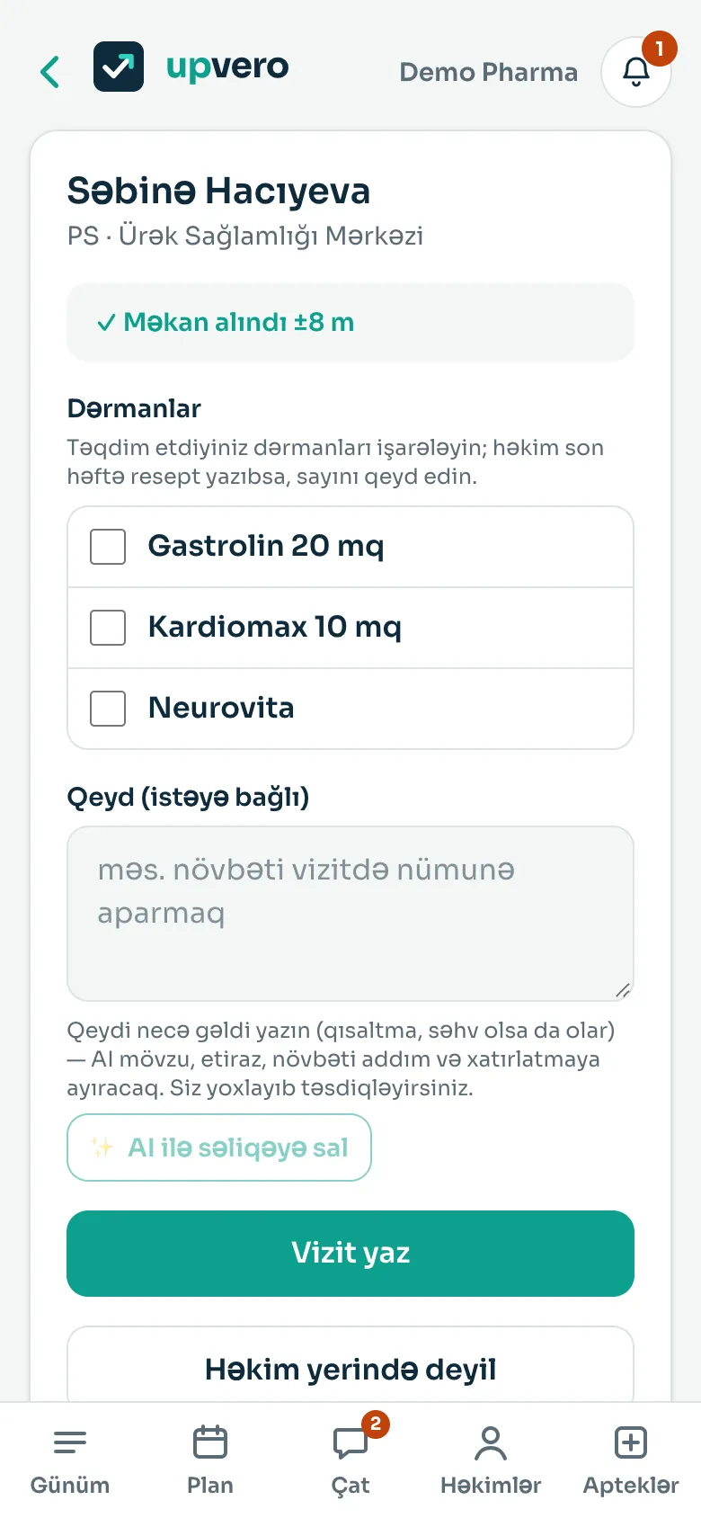 Vizit forması: dərmanlar, promo sırası və GPS yer